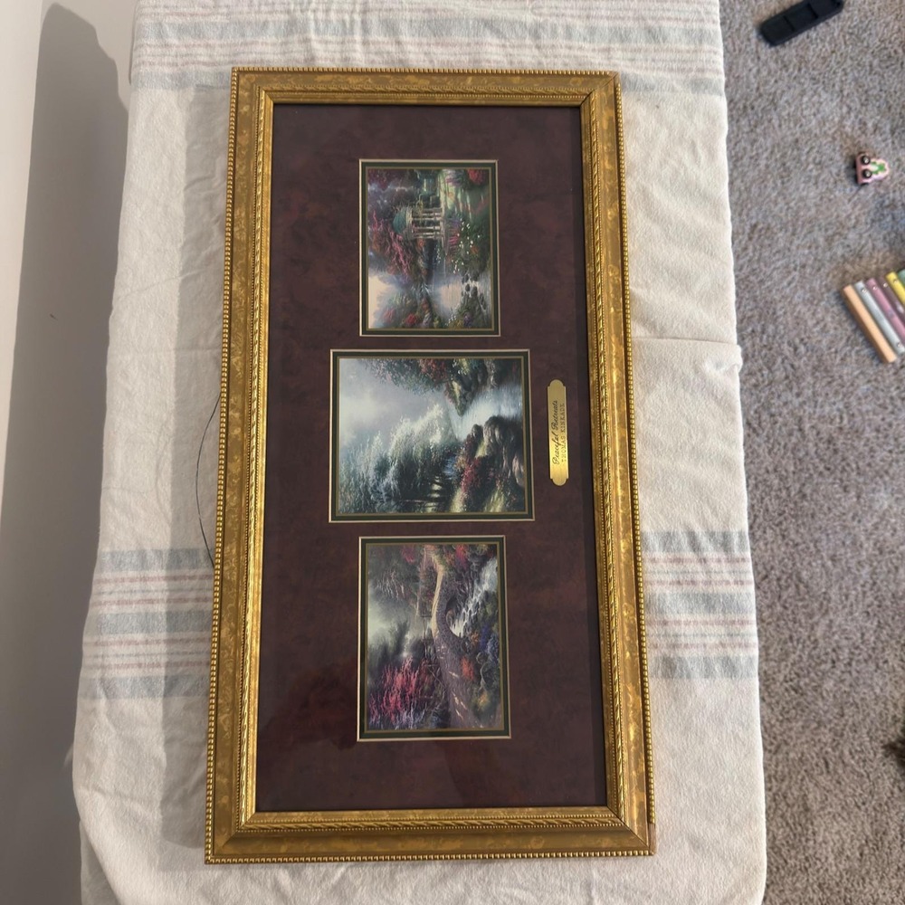 Thomas Kinkade Peaceful Retreats Framed Triple Lithograph COA Gold Frame 25x11